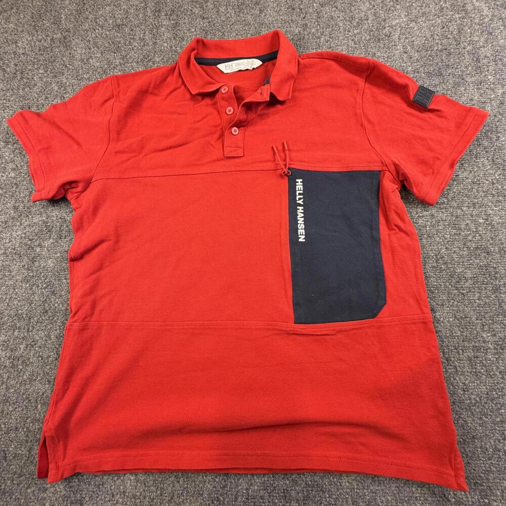Helly Hansen Mens Red Polo Shirt Navy Pocket Short Sleeve Regular Fit Medium‎